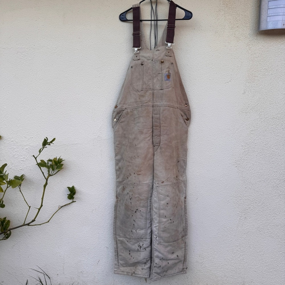 Carhartt Mens Distressed Quilt Lined Duck Canvas Bib Overalls Tan R02 40x29